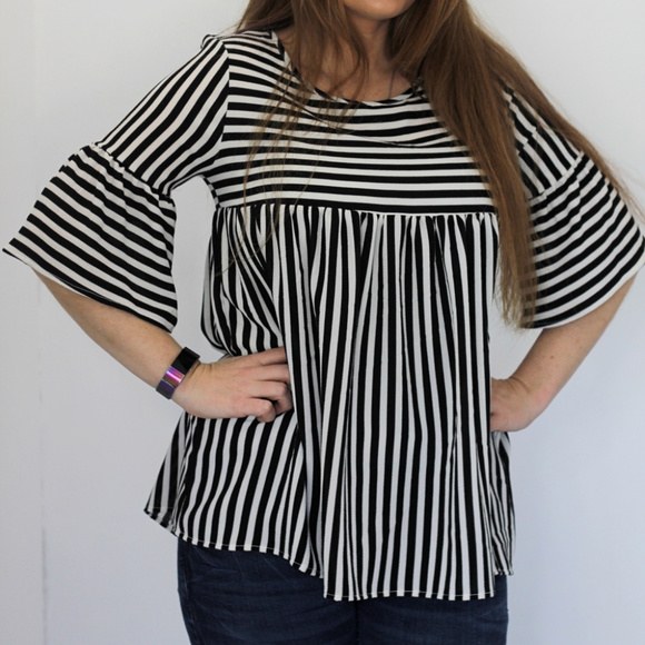 Red Lolly Tops - Red Lolly Black & White Stripe Top with Bell Sleeves